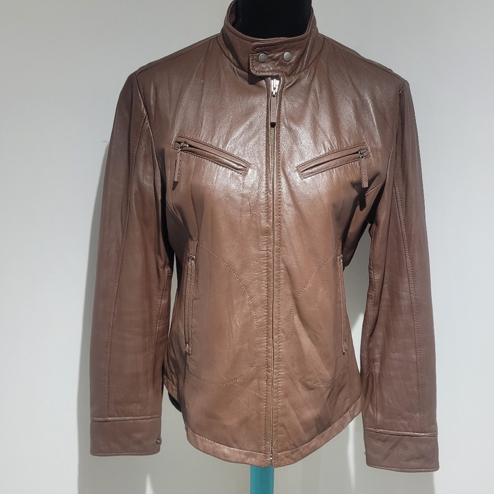 Bianca Nygard Women's High Neck Leather Moto Jacket Size 10 Brown Bikercore